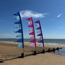Colourful blue, pink and purple flags on a beach with ocean and sky in the background