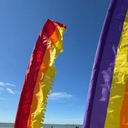Colourful flags with a blue sky and ocean background