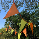String of orange and green triangular bunting against a backdrop of trees and blue sky.