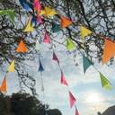 Colourful triangular bunting hanging from trees against a blue sky.