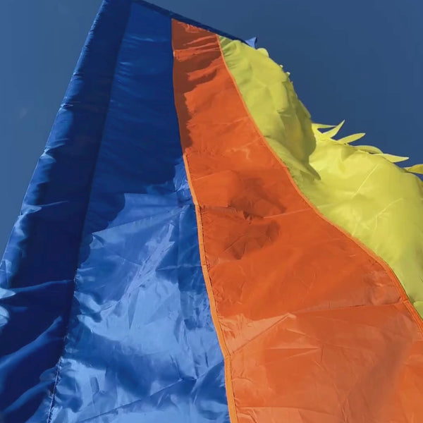 Bold coloured festival flag with flowing fabric